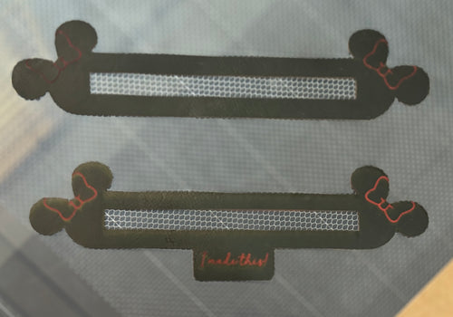 Boy and girl mouse zipper overlays in black with red engraving